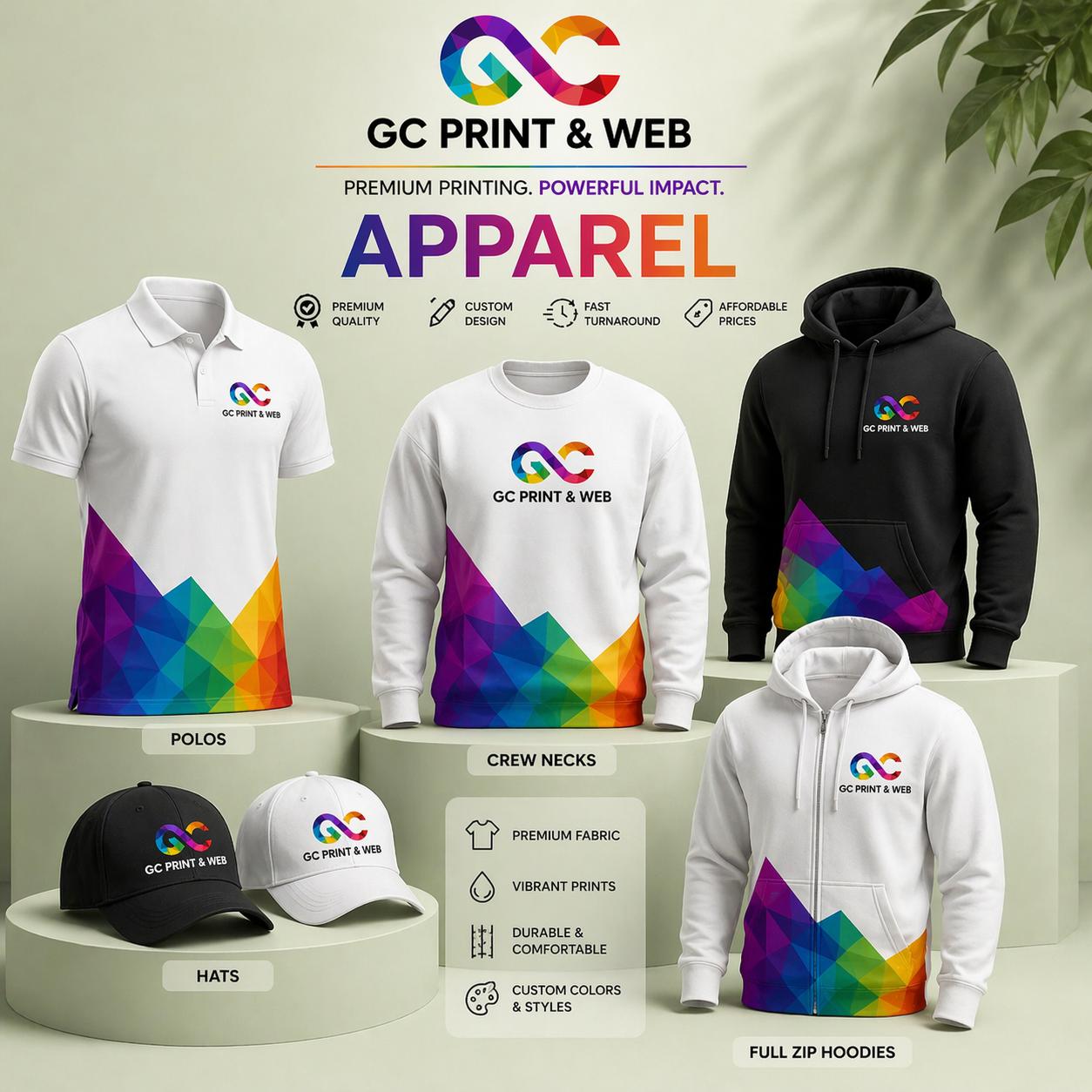 Custom printed apparel including polos, hoodies, t shirts and caps by GC Print & Web