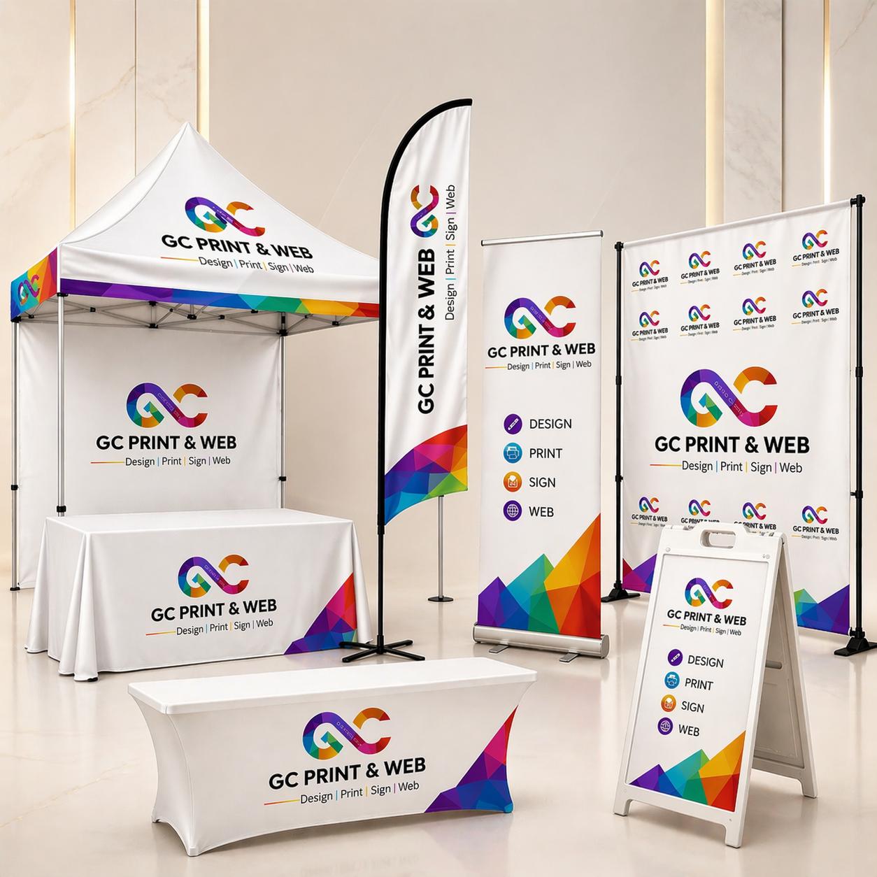 Display and event branding setup including event tent, feather flag, roll up banner and backdrop by GC Print & Web