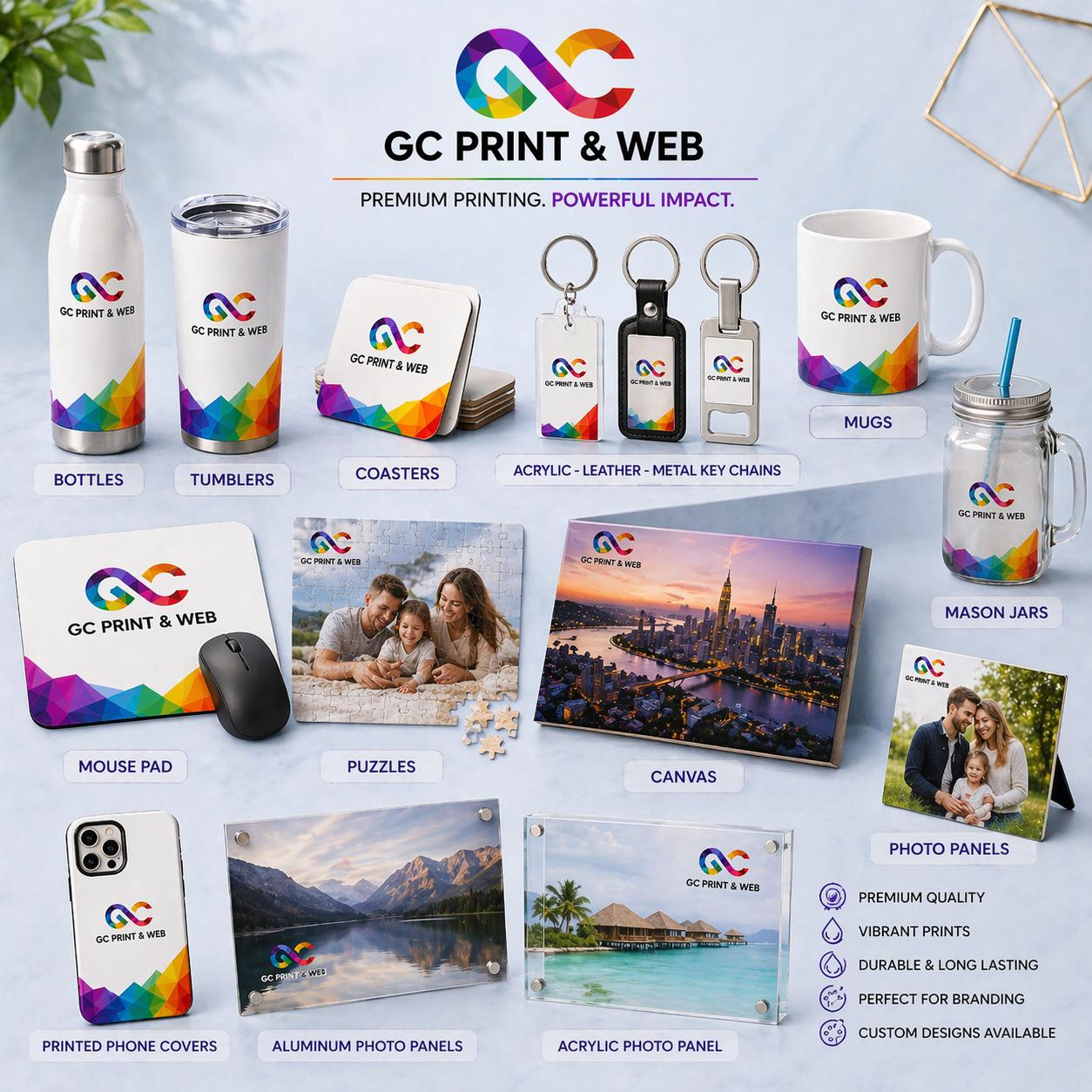Custom promotional products including mugs, bottles, keychains, mouse pads and photo panels by GC Print & Web