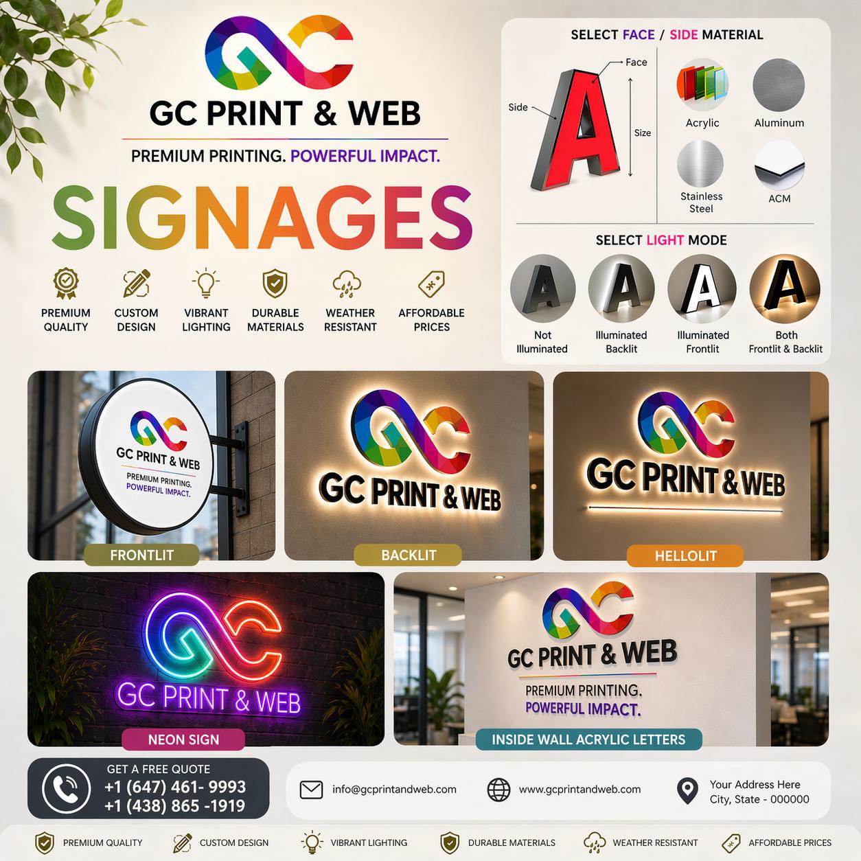 Custom signage including frontlit, backlit, neon and acrylic letter signs by GC Print & Web