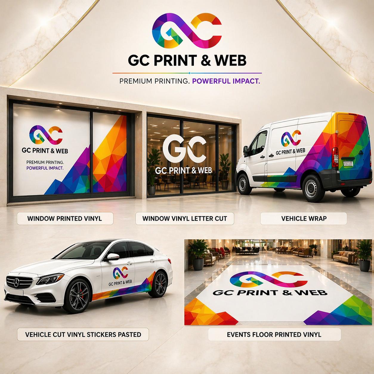 Vinyl and surface branding including window graphics, vehicle wrap and floor vinyl printing by GC Print & Web