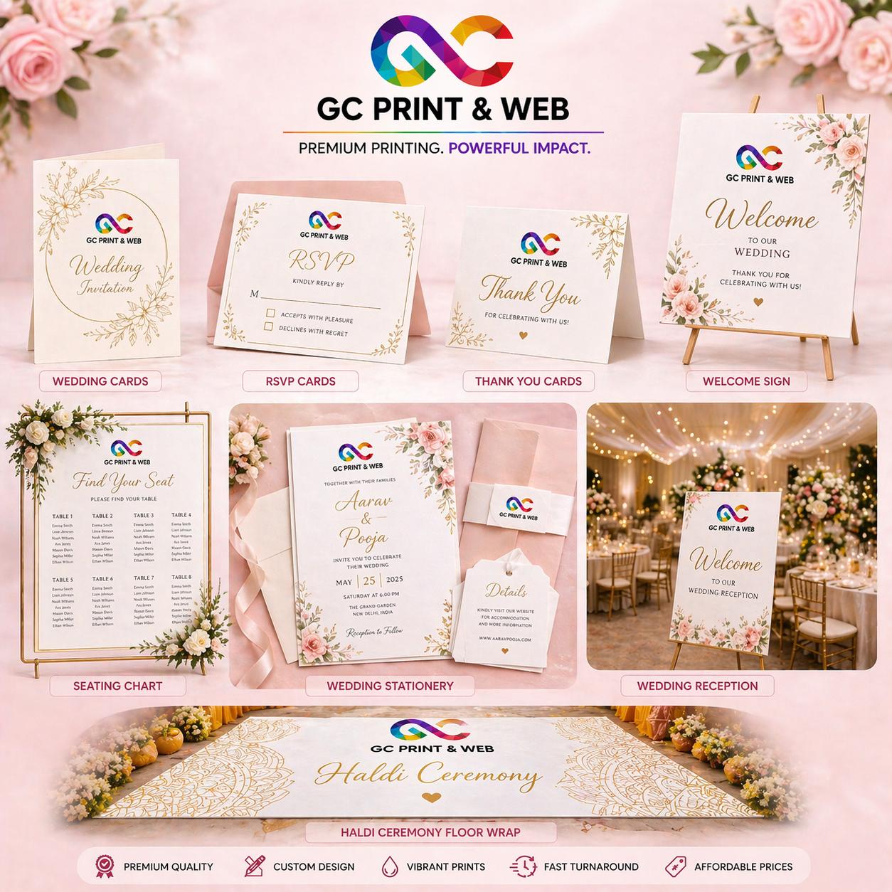 Wedding and event stationery including wedding cards, RSVP cards, welcome signs and seating charts by GC Print & Web